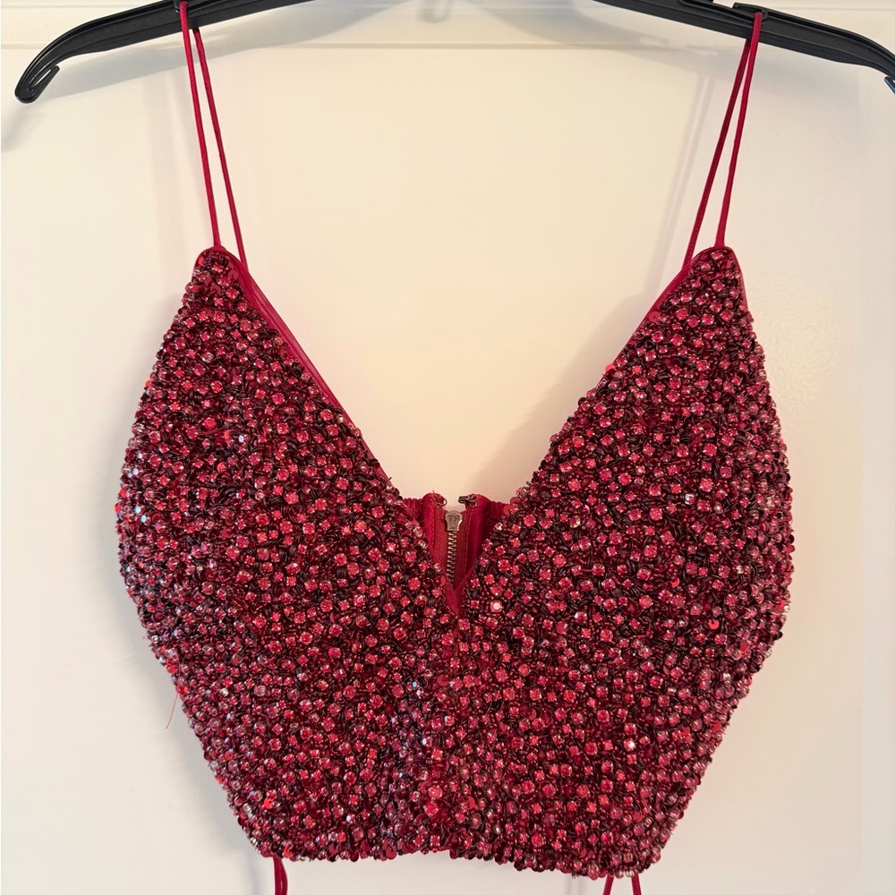 Alice + Olivia Red Beaded Sequin Crop Camisole
